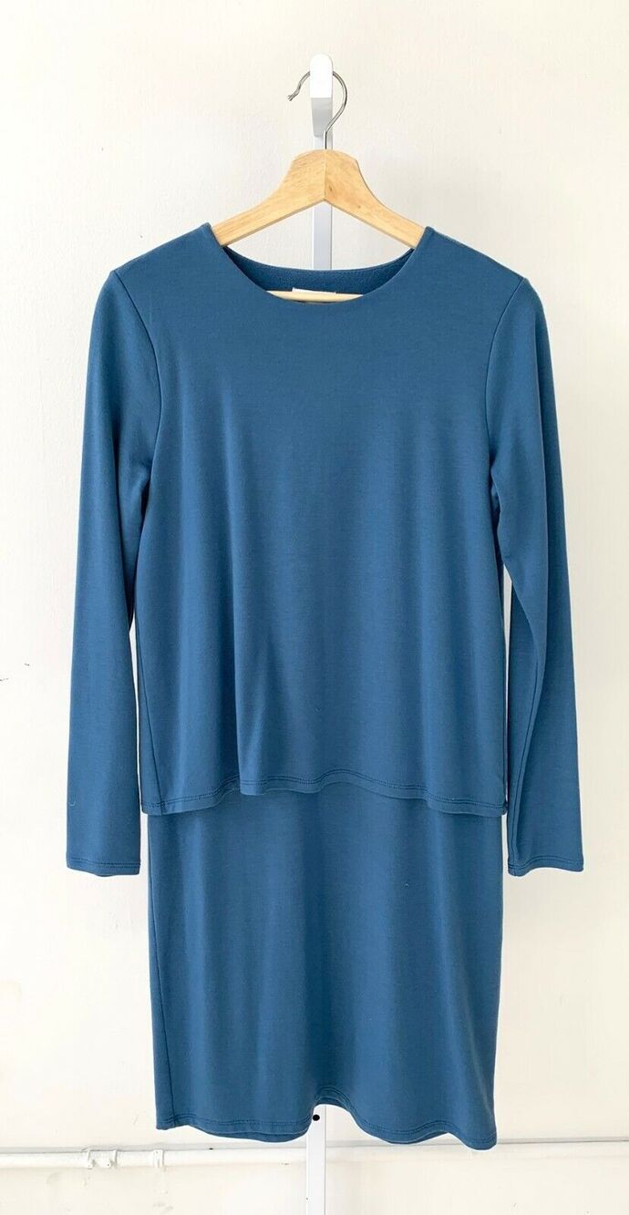 J. JILL XS Luxe Tencel Long Sleeve Layered Wrap Shift Dress Knee Length Blue